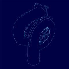 Poster - Blue drawing of a car turbo part of engine with a turbo. The drawing is in blue and is very detailed