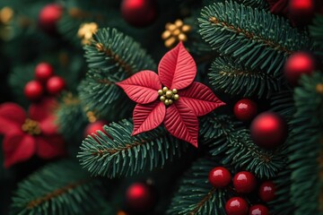 Poster - A close-up shot of a Christmas tree with a bright red poinsettia, perfect for holiday decorations and seasonal themes