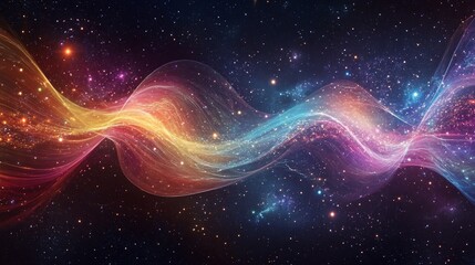Poster - Abstract cosmic waves with vibrant colors and sparkling stars in dark space background