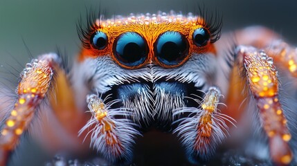 Poster - A close-up view of a spider's face, showcasing its orange and blue eyes