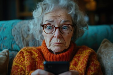 Poster - Senior woman sitting on a couch, looking at her cell phone, possibly checking messages or browsing the internet
