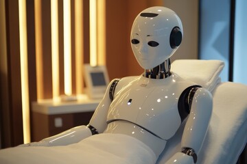 Poster - Robotic figure sits in a modern spa setting, showcasing advanced technology in wellness