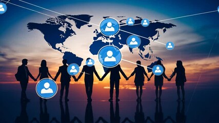 Poster - Connecting People Through Technology Unity and Collaboration in Global Networking with Silhouettes Against World Map