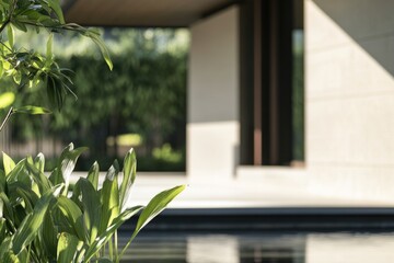 Poster - A serene outdoor scene featuring a plant in front of a pool with a house in the background