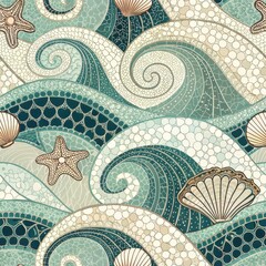 Wall Mural - Abstract Ocean Waves Seamless Pattern Teal Seashells Starfish Mosaic Design