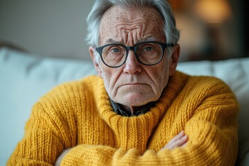 Poster - An older man wearing glasses sits comfortably on a couch, providing a sense of relaxation and familiarity