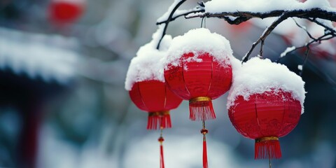 Poster - A tree covered in snow with three red lanterns hanging from its branches