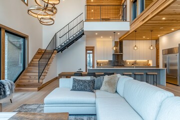 Poster - Cozy living room with modern furniture and a staircase leading up to the next level