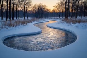 Wall Mural - A serene winter scene with a river running through a snow-covered forest, perfect for use in travel or nature-focused projects