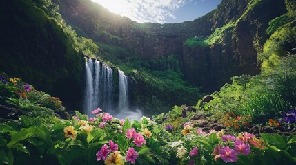 Aufkleber - A scenic image of a waterfall surrounded by lush green vegetation and a valley