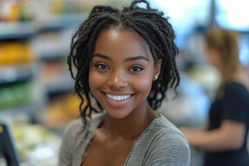 Fototapete - A happy shopper looking at products in a supermarket aisle, suitable for use in marketing materials or editorial content