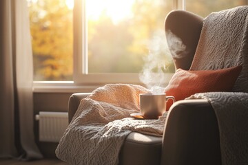 Poster - A cup of coffee sits on a chair next to a window, perfect for a cozy moment