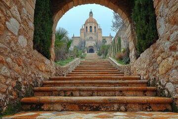 Aufkleber - A stone stairway leads up to a historic church
