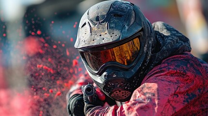 Poster - A person wearing a helmet and goggles sprays red paint