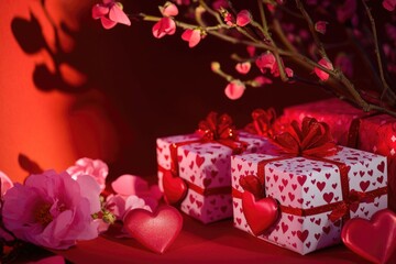 Poster - Two decorative gift boxes on a table, filled with Valentine's Day treats and symbols