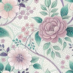 Wall Mural - Elegant Seamless Floral Pattern Pastel Roses Blossoms and Leaves on Textured Background