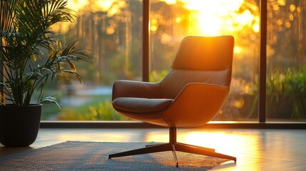 Poster - Soft golden rays of sunlight filter through a large window, highlighting a cozy armchair that beckons for moments of peace and reflection. A lush plant complements the tranquil atmosphere