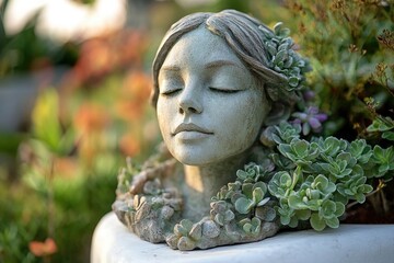 Poster - A statue of a woman surrounded by lush greenery