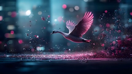 Poster - Futuristic swan crafted from glowing light and digital particles soaring above a futuristic cityscape symbolizing innovation progress and the boundless potential of technology and creativity