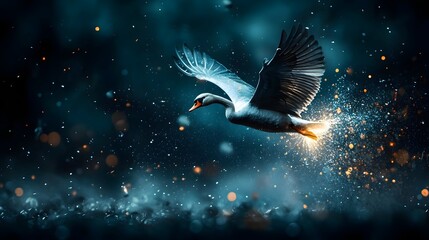 Poster - Breathtaking digital swan sculpture crafted from shimmering light and particles majestically soaring above a futuristic urban landscape embodying the spirit of innovation creativity