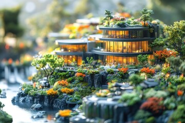 Aufkleber - A small scale model of a house situated on a mountain peak, perfect for architectural or environmental uses