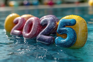Poster - Colorful balloons floating on the surface of a calm pool water