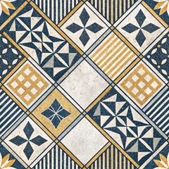 Wall Mural - Geometric Tile Pattern Seamless Blue Gold White Vintage Mosaic Design Floor Texture Background