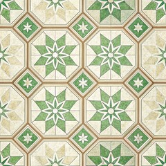 Wall Mural - Elegant Green and Beige Octagon Tile Pattern Vintage Geometric Floor Design Seamless Texture