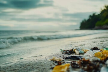 Poster - A pile of garbage on a sandy beach near the ocean, highlighting pollution and environmental issues