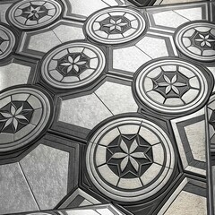 Wall Mural - Abstract Geometric Silver and Black Hexagon Floor Tiles with Floral Design Pattern