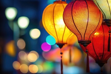 Poster - A group of colorful lanterns hanging from a string, perfect for festivals, parties or decorative purposes