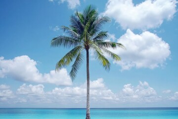 Poster - A palm tree standing tall on a sandy beach, overlooking a calm blue ocean