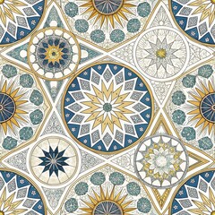 Wall Mural - Seamless Pattern Design Intricate Geometric Mandala Art Blue Gold and White Islamic Style Ornament