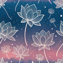 Wall Mural - Elegant Lotus Flower Watercolor Seamless Pattern Pink Blue Night Sky Design Floral Botanical Art