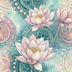 Wall Mural - Watercolor Lotus Flowers with Mandala Design Teal Background Floral Pattern