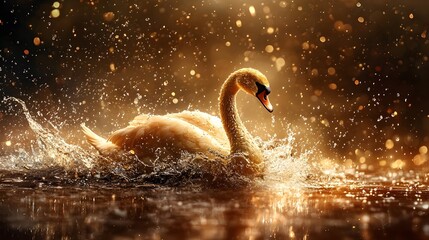 Poster - Glowing Golden Swan Emerging from Dynamic Water Splashes Embodying Energy Growth and Affluence  A Serene and Powerful Symbol of Renewal Vitality and Prosperity