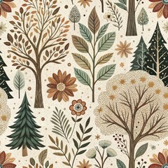 Wall Mural - Seamless Autumnal Forest Pattern Vintage Trees Flowers Leaves Illustration