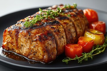 Poster - A savory meal served on a dark plate, perfect for food photography or advertising cuisine