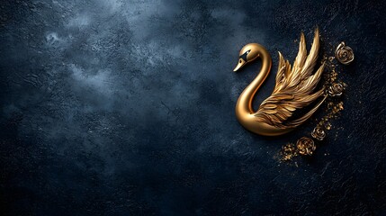 Poster - Minimalist sophisticated silhouette of an elegant golden swan gracefully poised against a deep rich blue background embodying a sense of luxury wealth and refined beauty