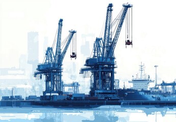  Industrial port scene with towering cranes, cargo ship, and urban skyline in the background, showcasing maritime logistics and freight transport activities.