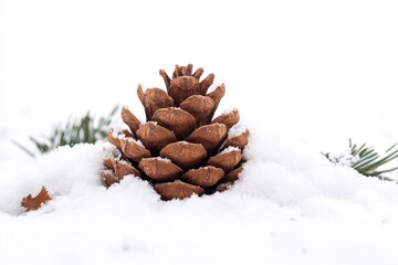 Poster - A single pine cone sits atop a pine tree covered in snow