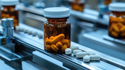 Poster - Close-up of a bottle of pills moving along a conveyor belt