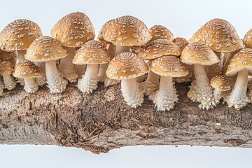 Poster - A cluster of mushrooms growing on the edge of a tree branch, perfect for use in nature-inspired designs or as a whimsical illustration