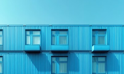 Aufkleber - Modern Minimalist Architectural Design Featuring Bright Blue Facade with Geometric Windows Under Clear Sky