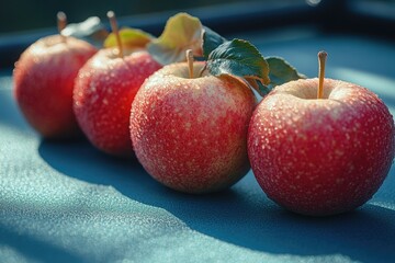 Aufkleber - A cluster of juicy red apples sit atop a bright blue surface, perfect for use in food or still life photography