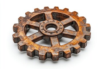 Poster - A single rusty gear wheel on a white surface, suitable for use in illustrations or designs related to machinery, industry, or nostalgia