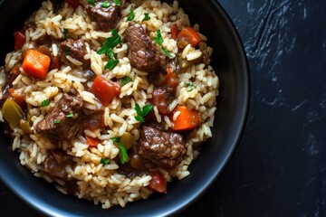 Poster - A bowl of rice with meat and mixed vegetables, great for meal or snack