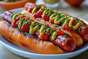 Poster - Two hot dogs served with mustard and ketchup, perfect for a casual meal or party