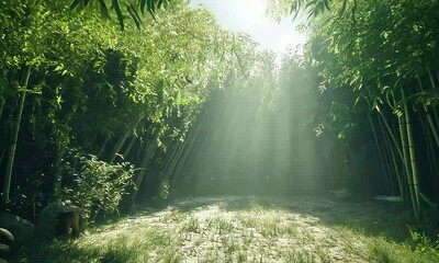 Wall Mural - Tranquil forest scene with sunlight filtering through leaves creating serene atmosphere over a peaceful natural path surrounded by vibrant greenery and dappled shadows from native flora