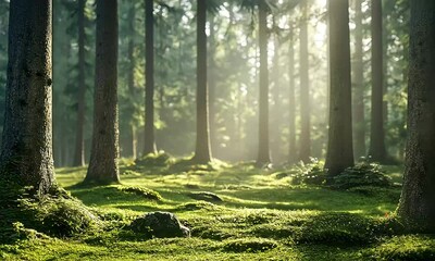 Wall Mural - Tranquil forest with sunlight filtering through tall trees illuminating soft green moss and creating a serene atmosphere perfect for peaceful reflection and nature exploration